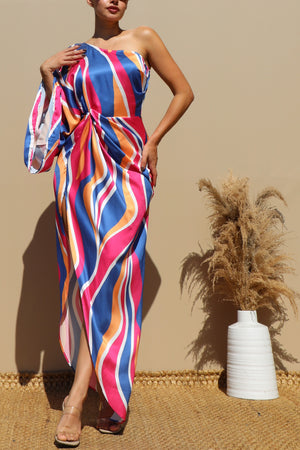 DD4647, PRINTED ONE SHOULDER SATIN MAXI DRESS