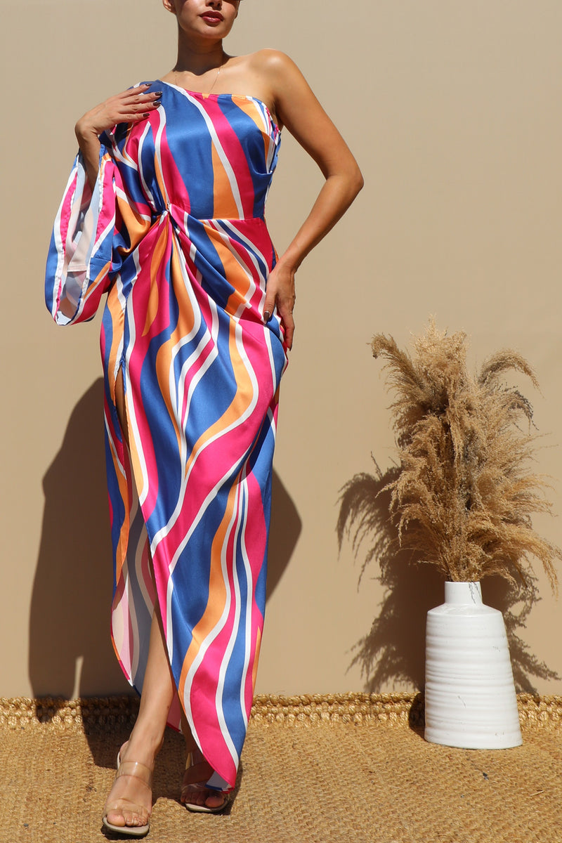 DD4647, PRINTED ONE SHOULDER SATIN MAXI DRESS