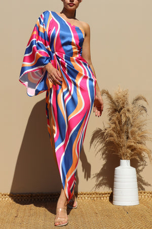 DD4647, PRINTED ONE SHOULDER SATIN MAXI DRESS