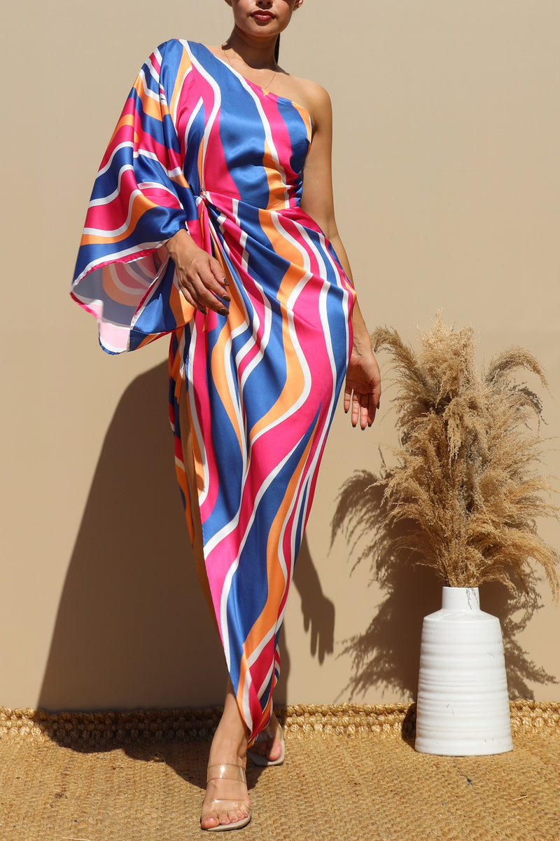 DD4647, PRINTED ONE SHOULDER SATIN MAXI DRESS