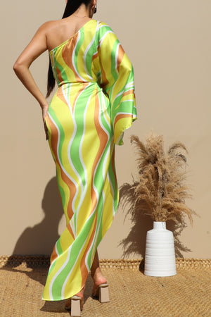 DD4647, PRINTED ONE SHOULDER SATIN MAXI DRESS