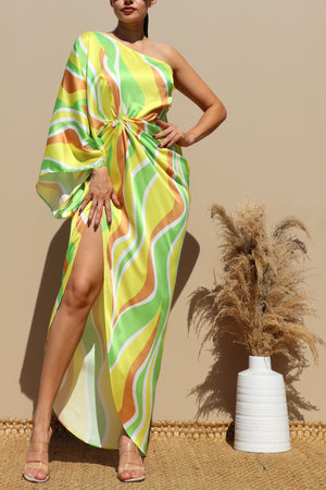 DD4647, PRINTED ONE SHOULDER SATIN MAXI DRESS