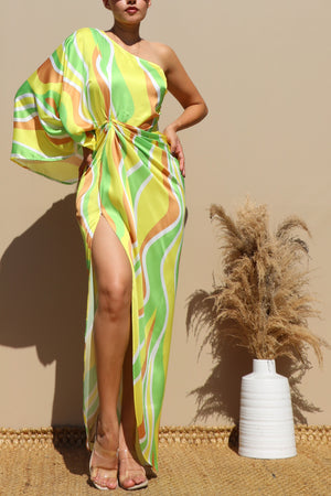 DD4647, PRINTED ONE SHOULDER SATIN MAXI DRESS