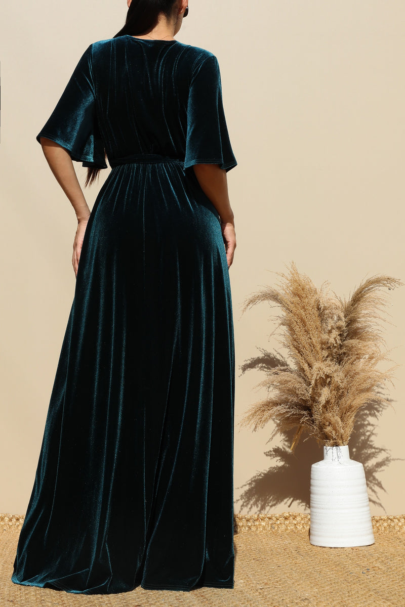 DD6516, BELL SLEEVES VELVET MAXI DRESS
