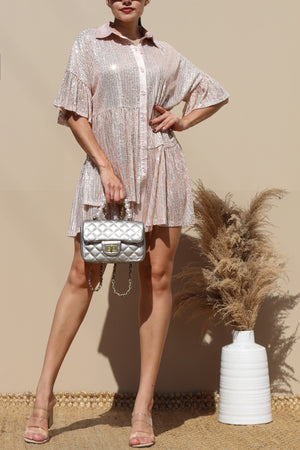 DD6545, SEQUINS LOOSE FIT BUTTON DOWN SHIRT DRESS