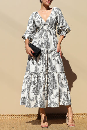 DD7739, Printed Smocked Top Midi Dress