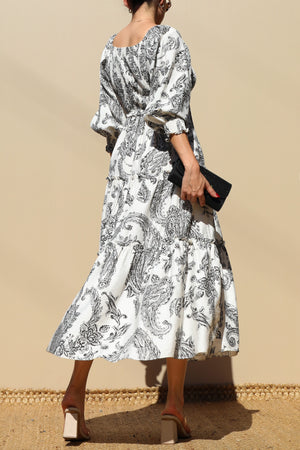 DD7739, Printed Smocked Top Midi Dress