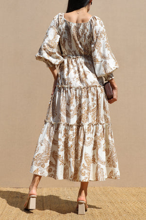 DD7739, Printed Smocked Top Midi Dress