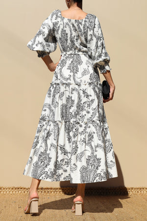 DD7739, Printed Smocked Top Midi Dress