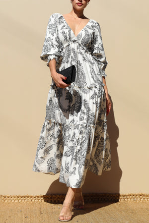 DD7739, Printed Smocked Top Midi Dress