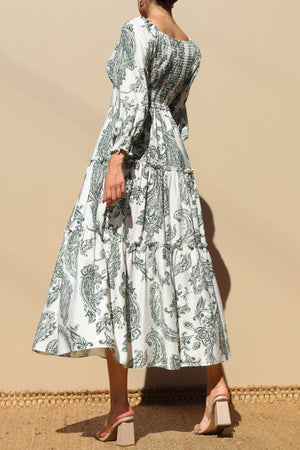 DD7739, Printed Smocked Top Midi Dress