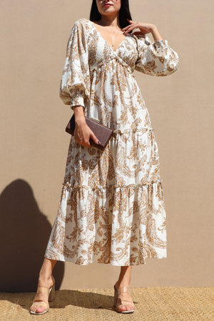 DD7739, Printed Smocked Top Midi Dress