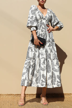 DD7739, Printed Smocked Top Midi Dress