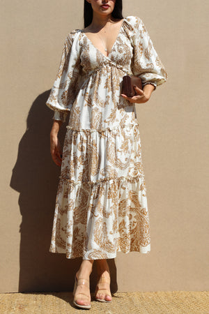 DD7739, Printed Smocked Top Midi Dress