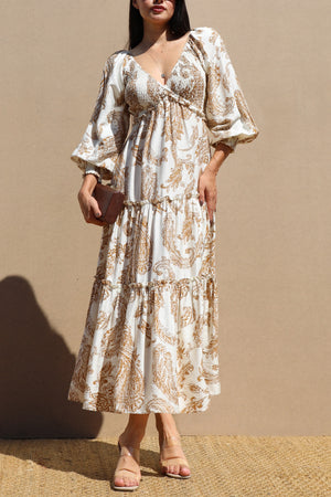 DD7739, Printed Smocked Top Midi Dress
