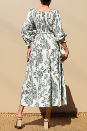 DD7739, Printed Smocked Top Midi Dress