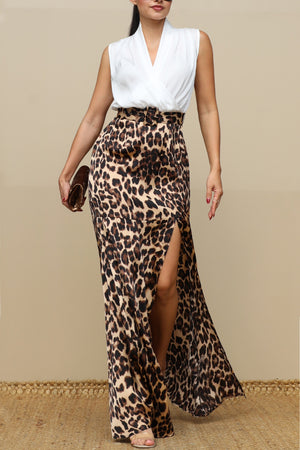 DD7719, Leopard V Neck Satin Maxi Dress