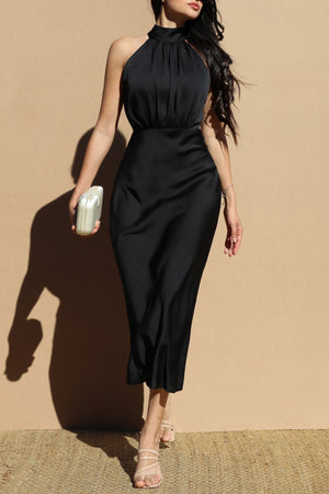DD7482, Mock Neck Satin Midi Dress