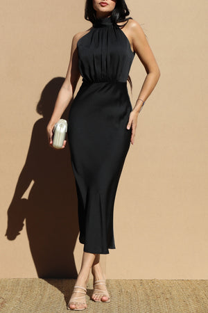 DD7482, Mock Neck Satin Midi Dress
