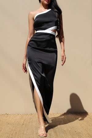 DD7314, ONE SHOULDER SATIN MAXI DRESS