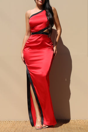 DD7314, ONE SHOULDER SATIN MAXI DRESS