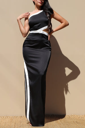 DD7314, ONE SHOULDER SATIN MAXI DRESS