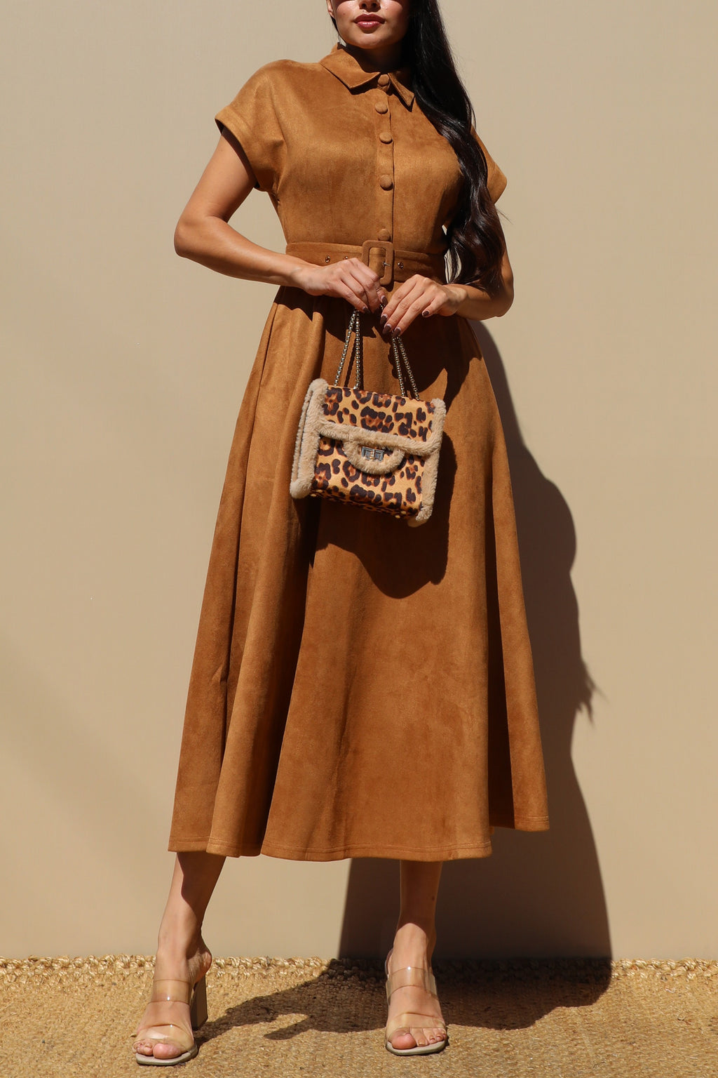 DD7700, SUEDE BUTTON DOWN MIDI DRESS