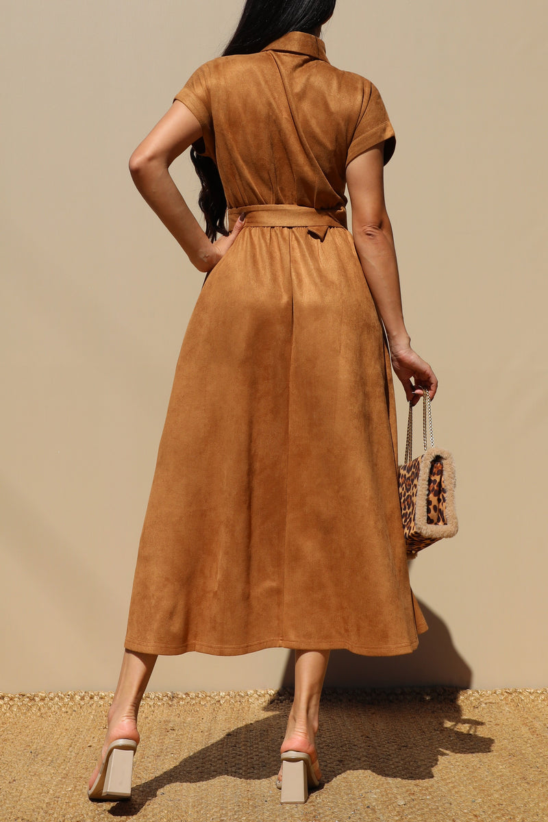 DD7700, SUEDE BUTTON DOWN MIDI DRESS