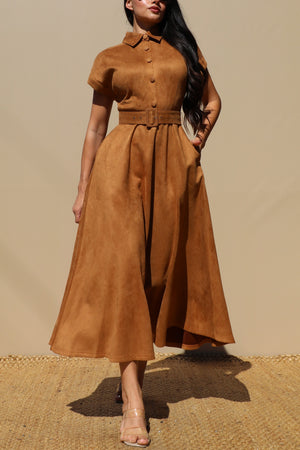 DD7700, SUEDE BUTTON DOWN MIDI DRESS