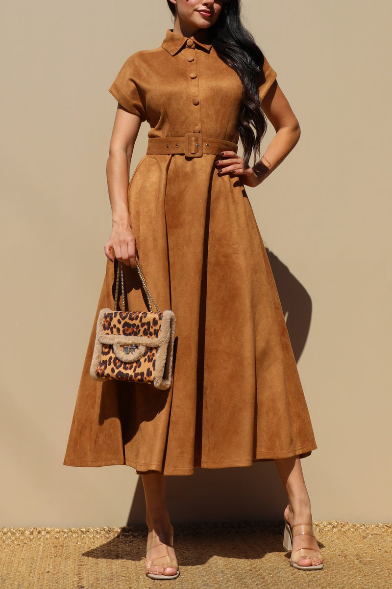 DD7700, SUEDE BUTTON DOWN MIDI DRESS