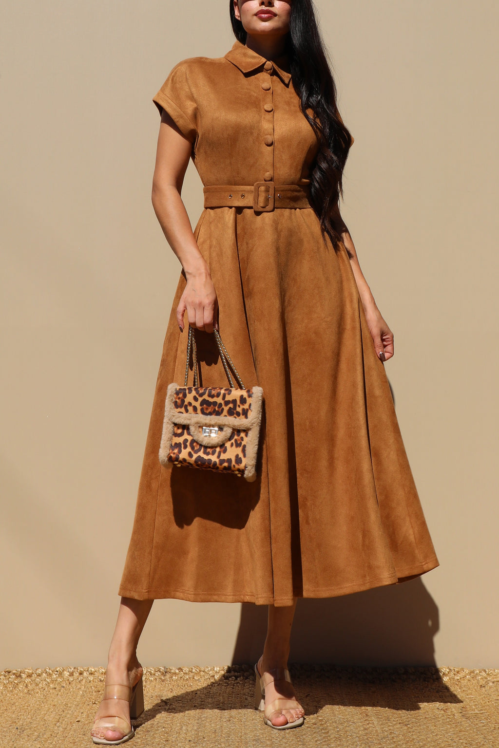 DD7700, SUEDE BUTTON DOWN MIDI DRESS