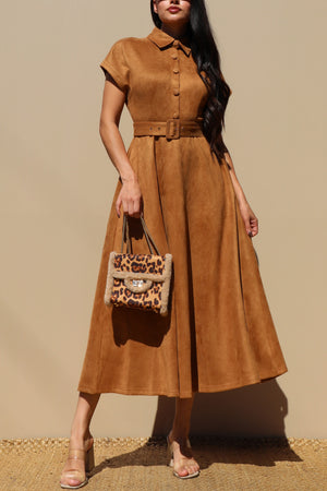 DD7700, SUEDE BUTTON DOWN MIDI DRESS