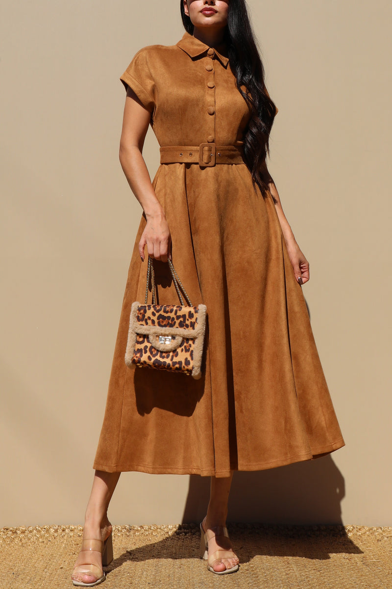 DD7700, SUEDE BUTTON DOWN MIDI DRESS