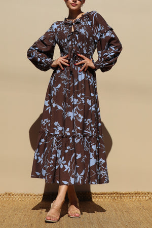 DD7750, PRINTED SMOCK TOP WOVEN MIDI DRESS
