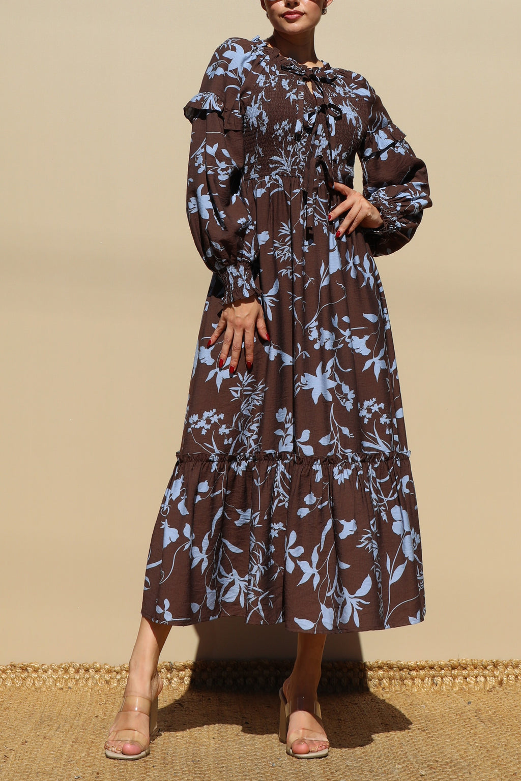 DD7750, PRINTED SMOCK TOP WOVEN MIDI DRESS