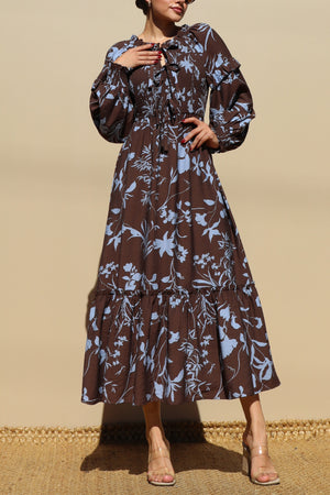 DD7750, PRINTED SMOCK TOP WOVEN MIDI DRESS