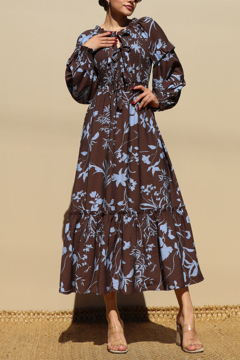 DD7750, PRINTED SMOCK TOP WOVEN MIDI DRESS