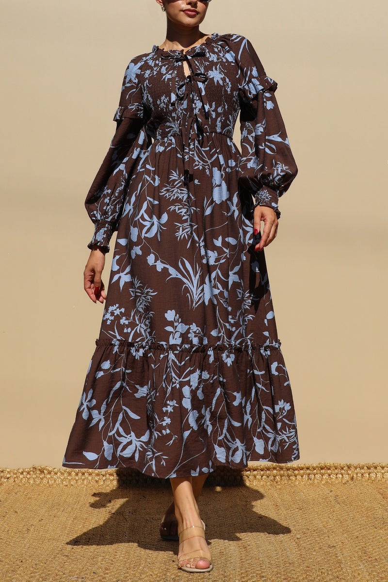 DD7750, PRINTED SMOCK TOP WOVEN MIDI DRESS