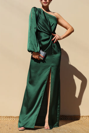 DD7582, ONE SHOULDER SATIN MAXI DRESS