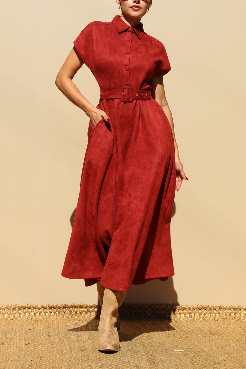 DD7700, SUEDE BUTTON DOWN MIDI DRESS