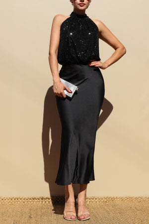 DD7768, SEQUINS TOP SATIN MIDI DRESS