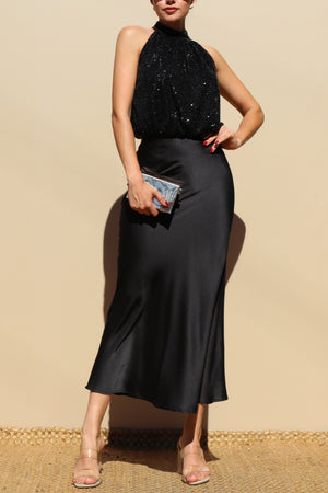 DD7768, SEQUINS TOP SATIN MIDI DRESS