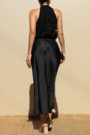 DD7768, SEQUINS TOP SATIN MIDI DRESS