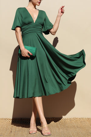 DD4250, VENETIAN V NECK FLARED MIDI DRESS