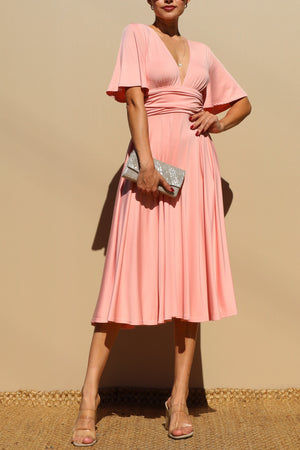 DD4250, VENETIAN V NECK FLARED MIDI DRESS