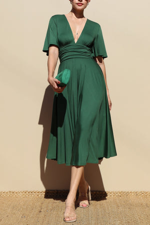 DD4250, VENETIAN V NECK FLARED MIDI DRESS