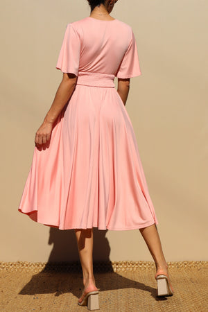 DD4250, VENETIAN V NECK FLARED MIDI DRESS