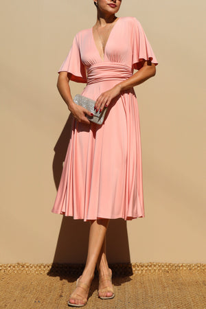 DD4250, VENETIAN V NECK FLARED MIDI DRESS