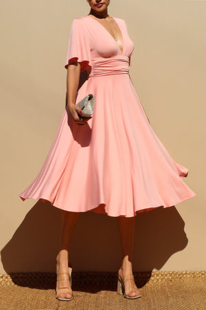 DD4250, VENETIAN V NECK FLARED MIDI DRESS
