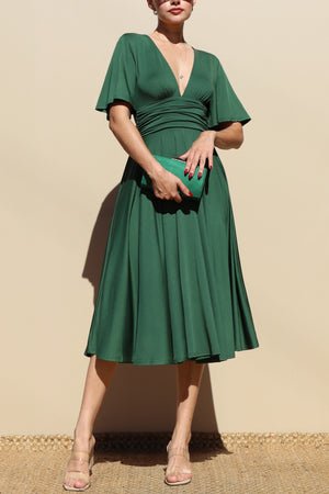 DD4250, VENETIAN V NECK FLARED MIDI DRESS